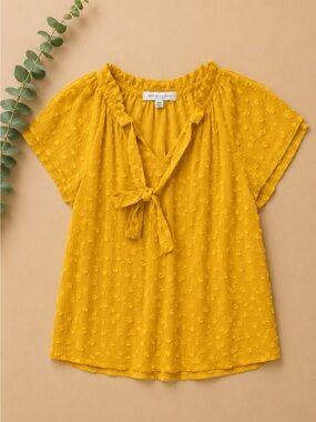 Shannon Ford New York Petite XL Mustard Yellow Swiss Dot Flutter Sleeve